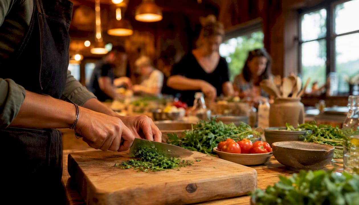 Hands kneading dough in cooking class kitchen