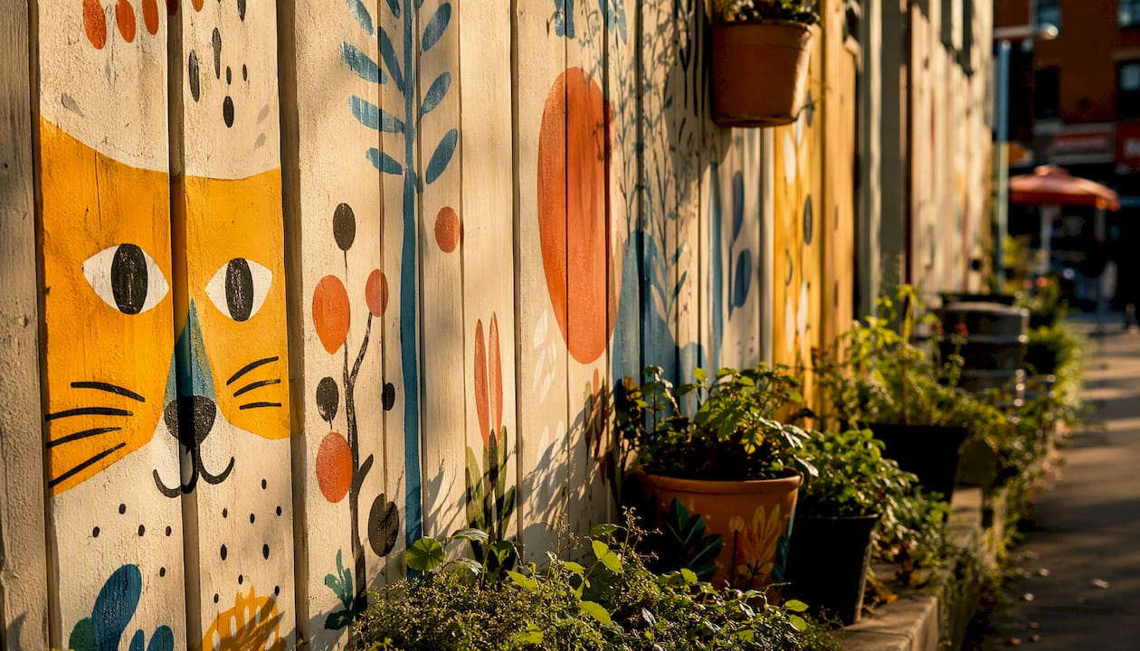 Detailed murals on Kensington Market painted fence