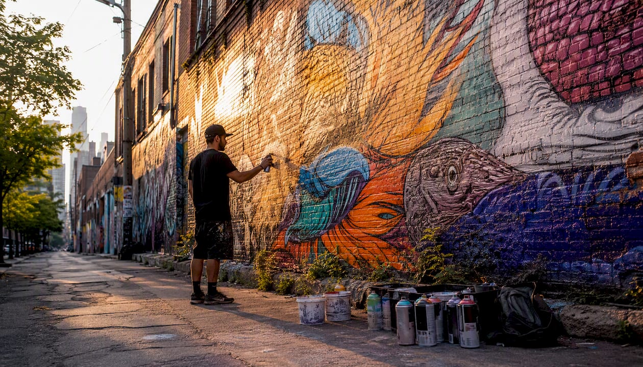 Mural wall in Graffiti Alley with artist tools