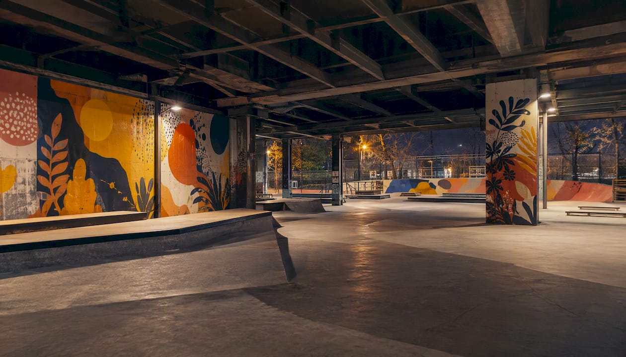 Large murals and skate ramps at Underpass Park