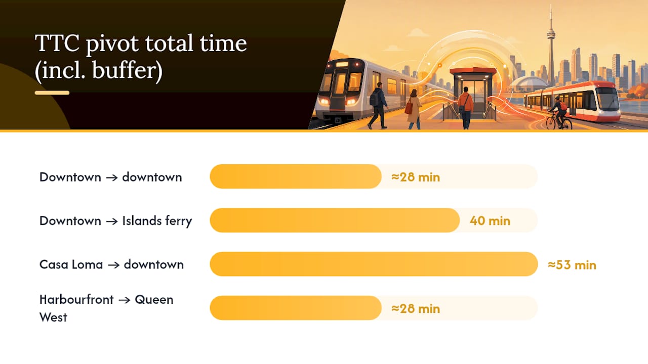Diagram showing TTC travel and buffer times for Toronto pivots