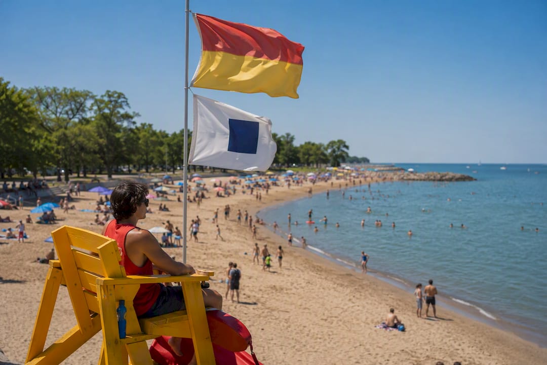 Toronto lifeguard on duty with safety flags