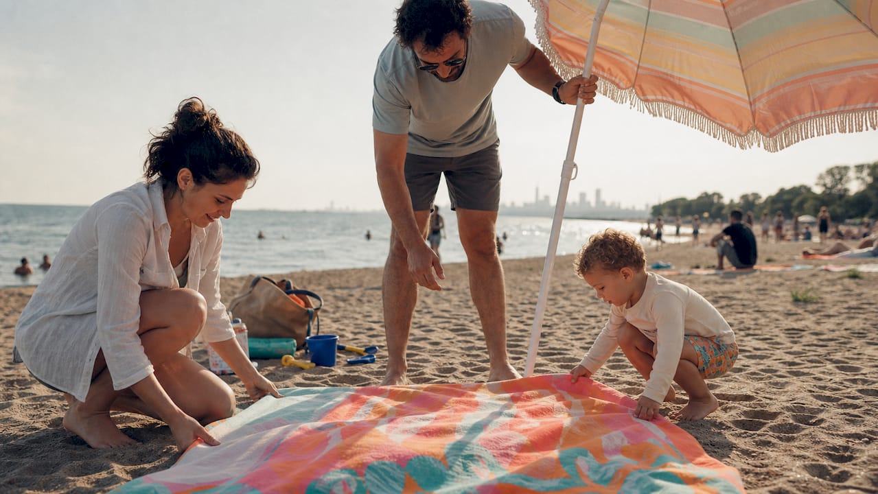 Family setting up beach spot on sandy shore