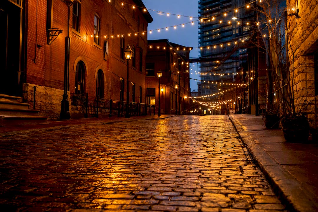 Evening view of Distillery District street