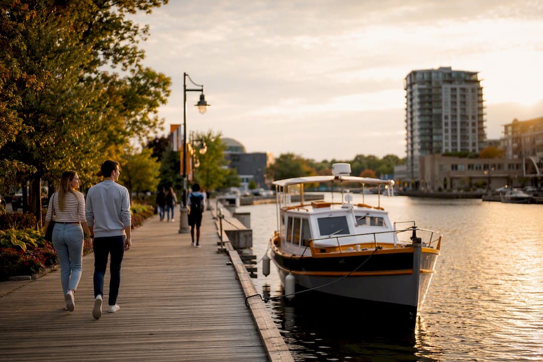 Burlington waterfront boardwalk and moored boats