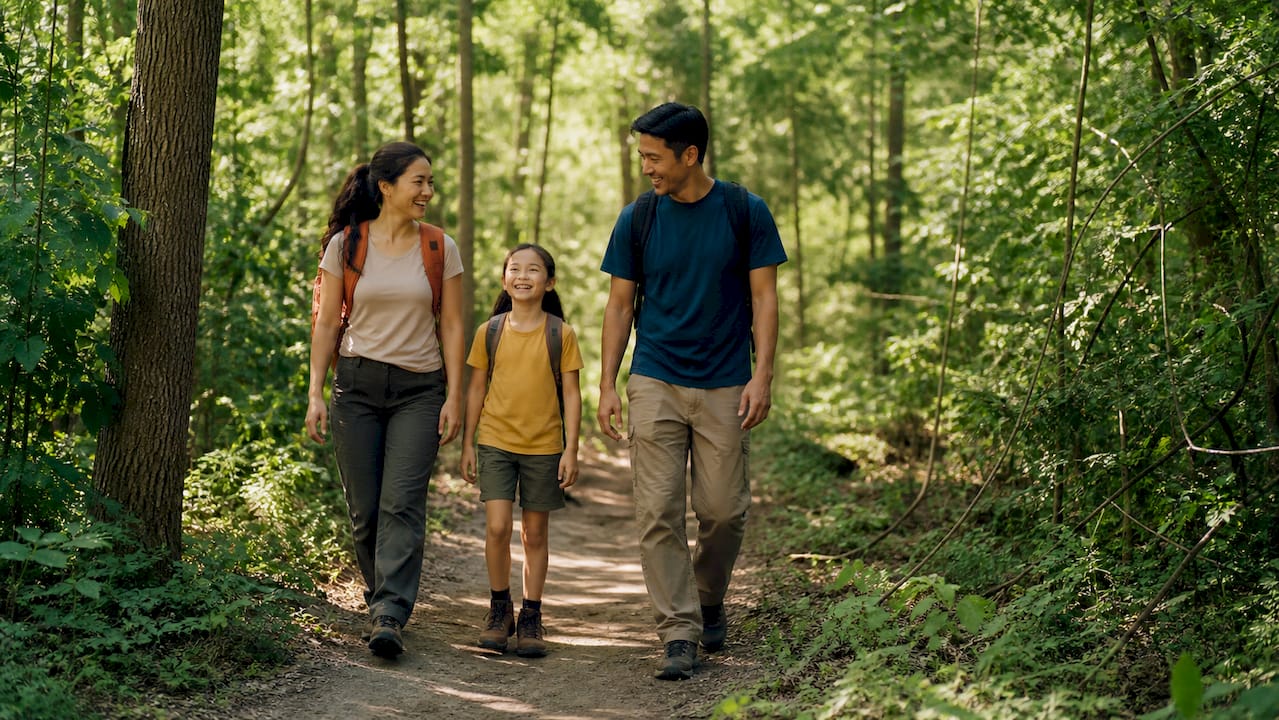 Family hiking on trail in Rouge National Urban Park