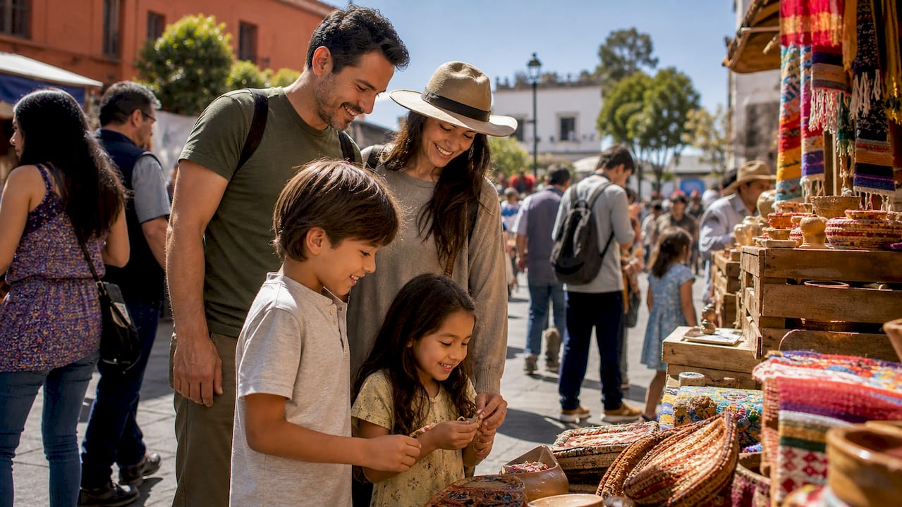 Families browsing stalls at outdoor cultural market