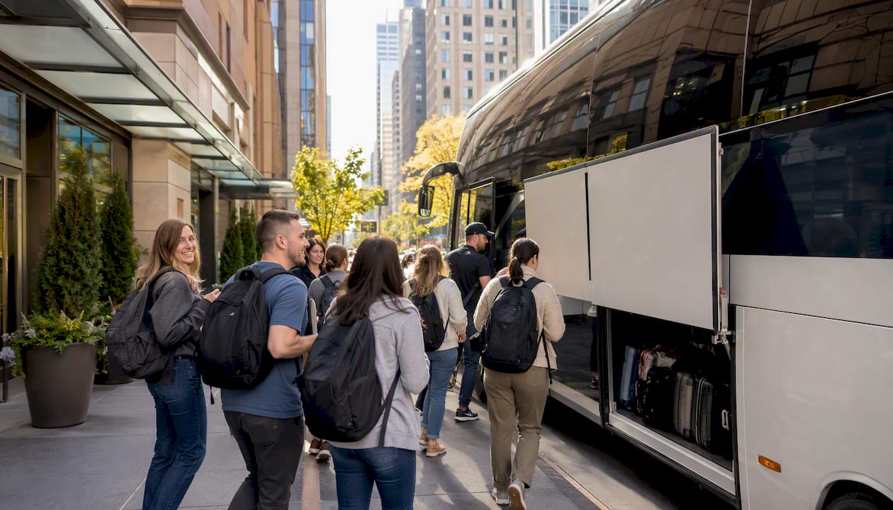 Tour coach bus picking up passengers outside Toronto hotel