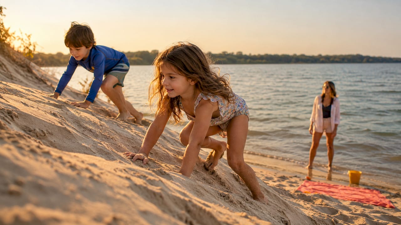 Children climbing Sandbanks beach dunes