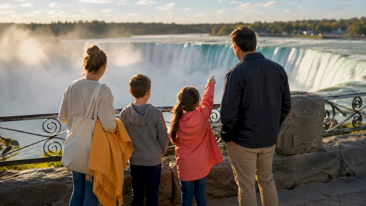 Family viewing Niagara Falls through mist