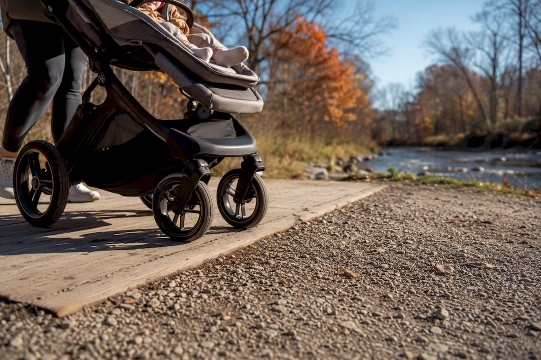 Stroller crossing East Humber trail surfaces