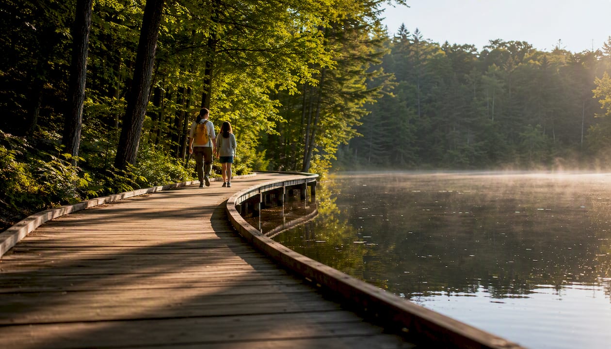 Family walking Crawford Lake boardwalk