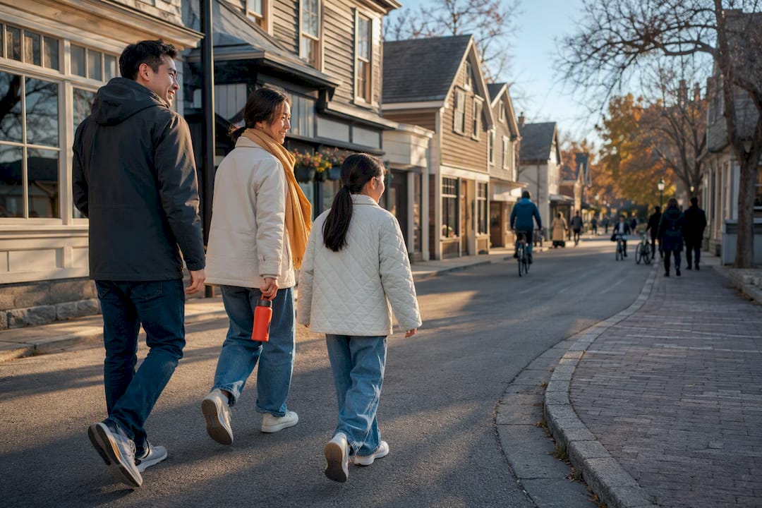 Family walking Unionville heritage street