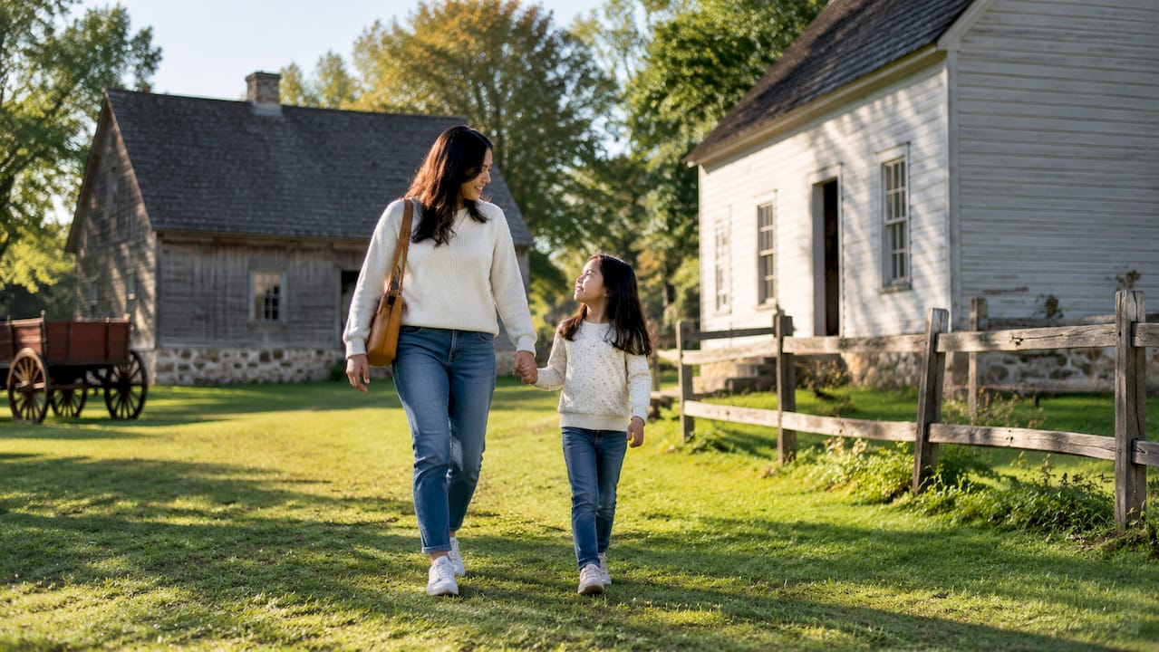 Family walking Markham Museum grounds