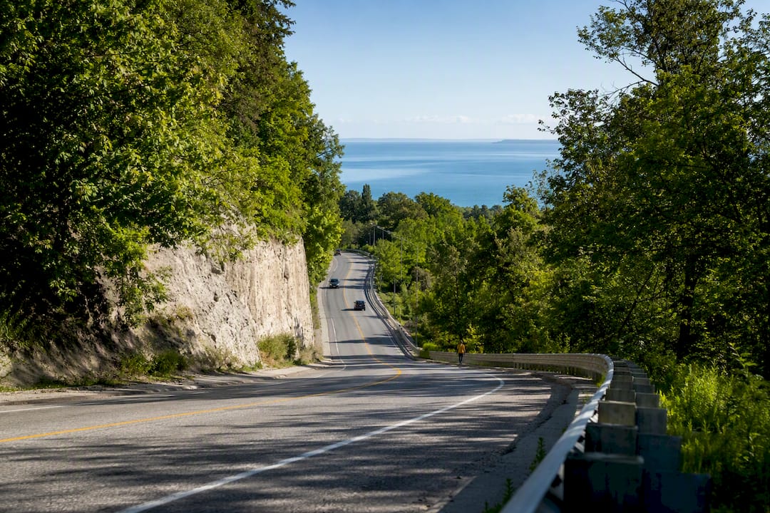Steep Brimley Road descending toward Lake Ontario