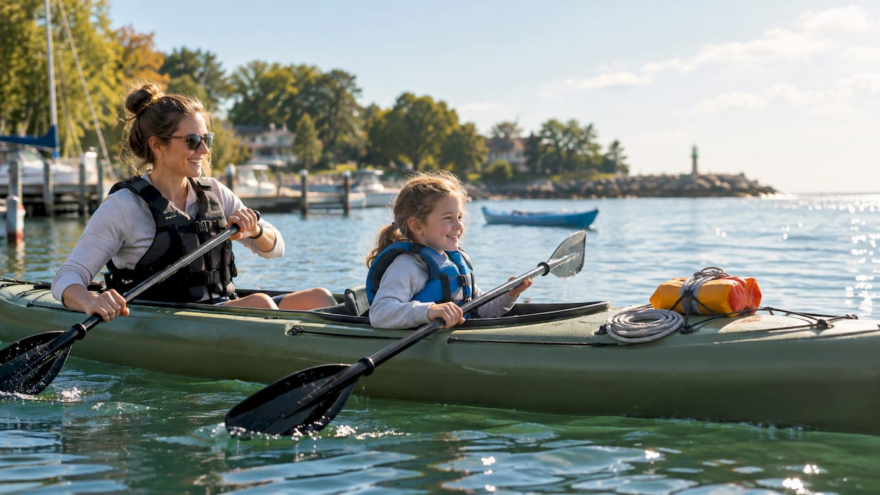 Parent and child paddling in Bronte Harbour