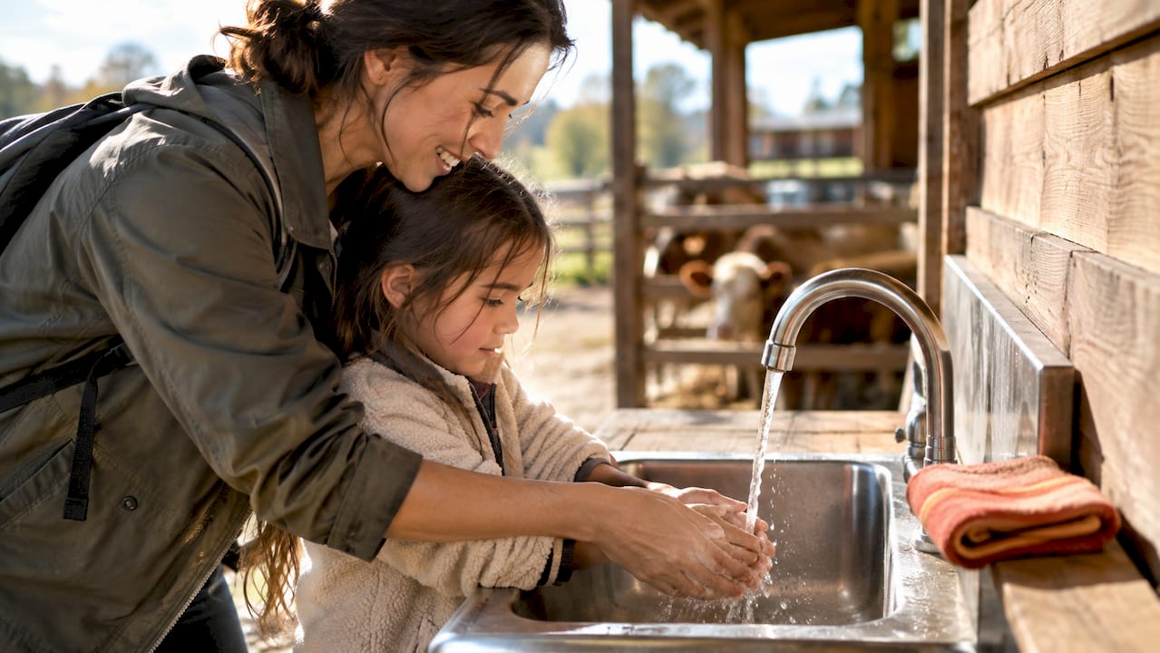 Parent and child washing hands at farm sink