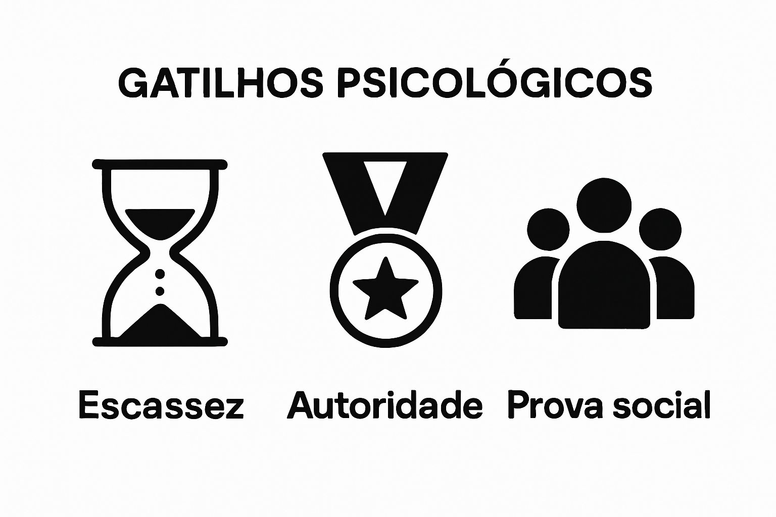 Infographic with icons for escassez, autoridade and prova social triggers in copywriting