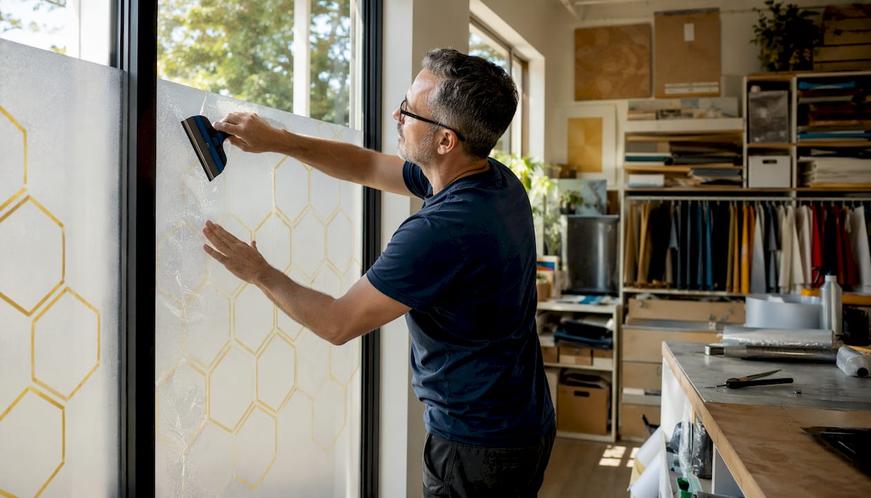 Hands applying custom printed decorative privacy film