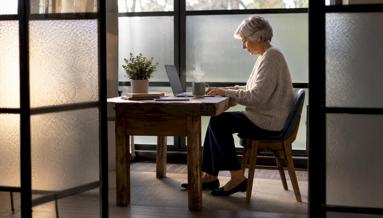 Partial frosted glass partitions in office with woman at desk