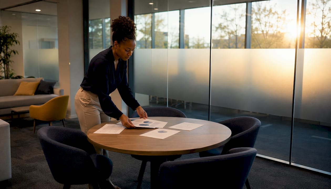 Woman arranging papers near gradient frosted office windows