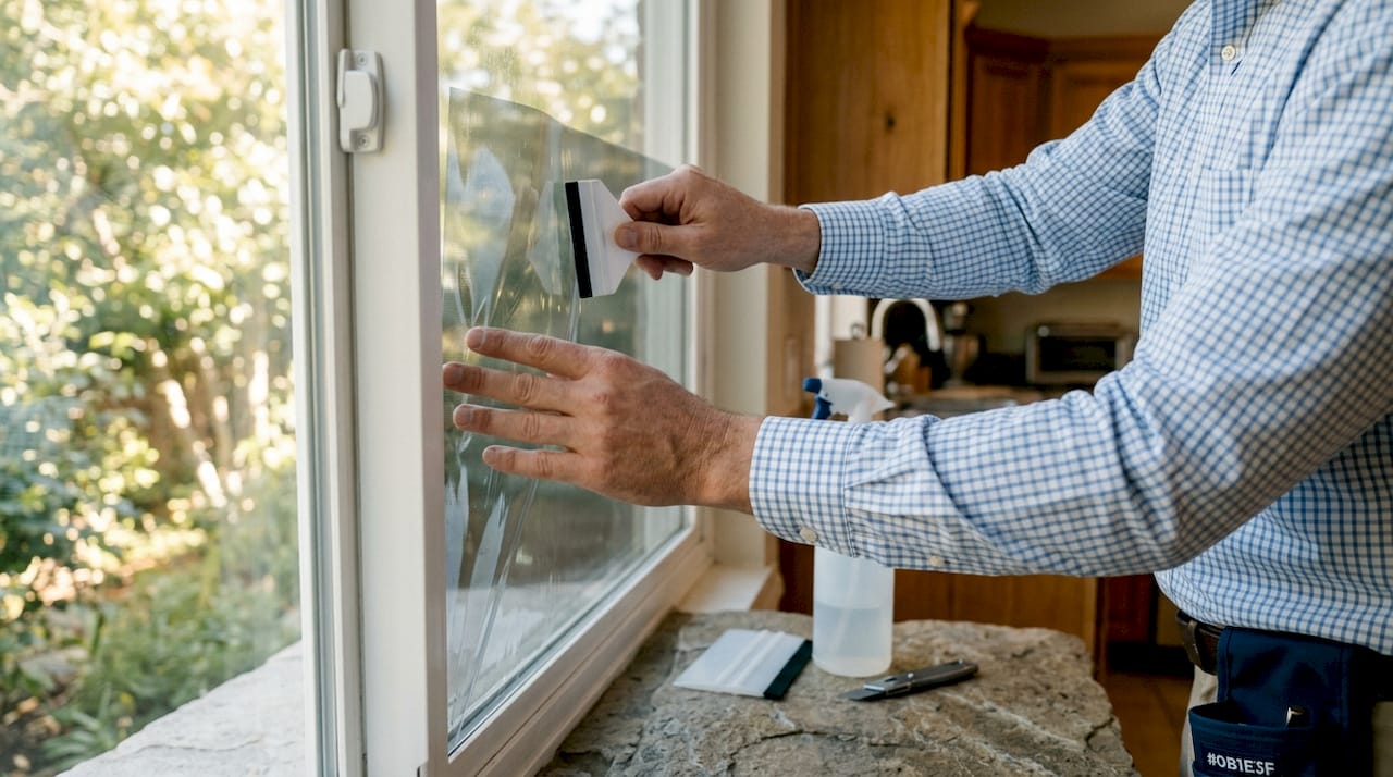 Installer applying low-e window film to window
