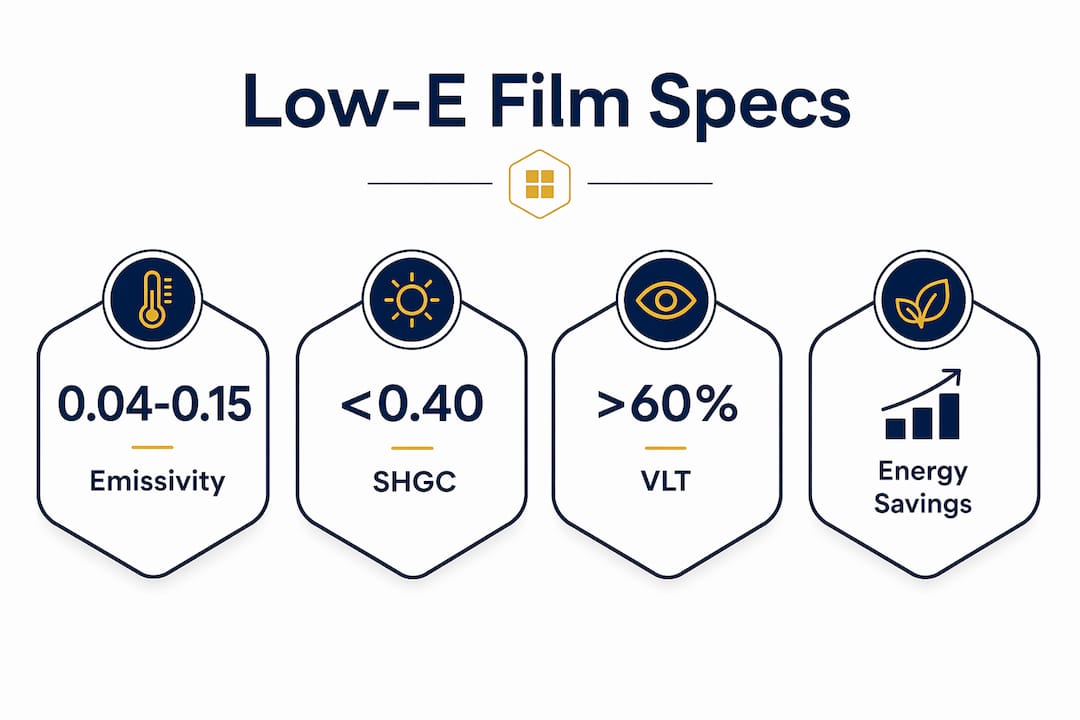 Infographic showing key low-e film performance specifications