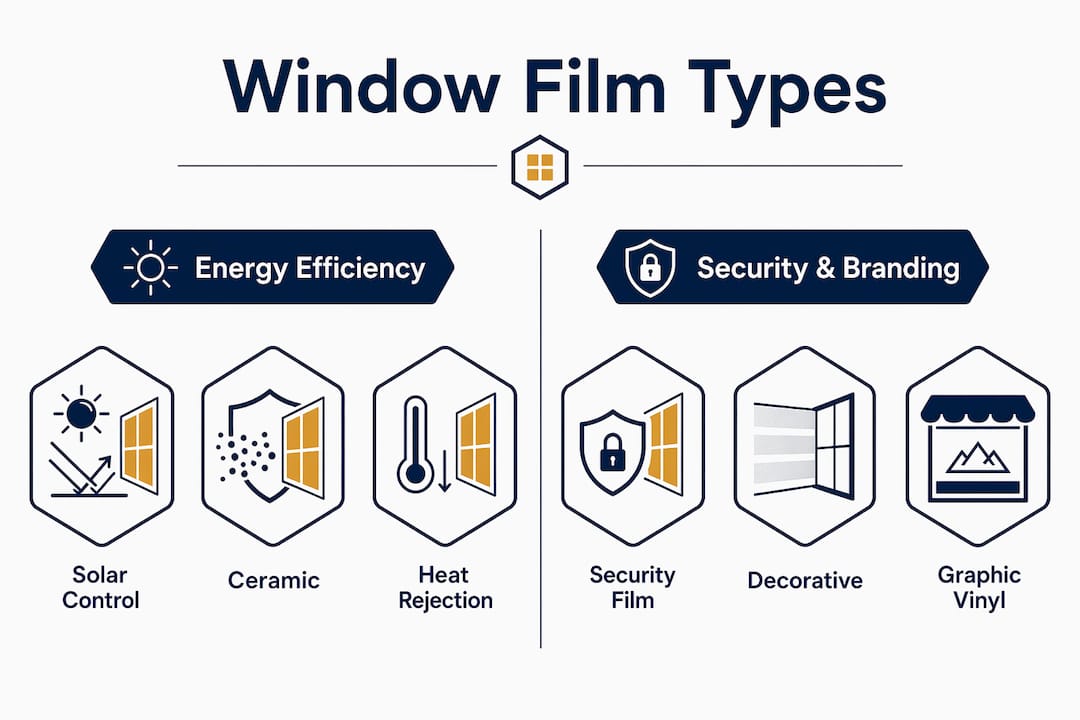 Infographic comparing types of storefront window film for energy and security branding