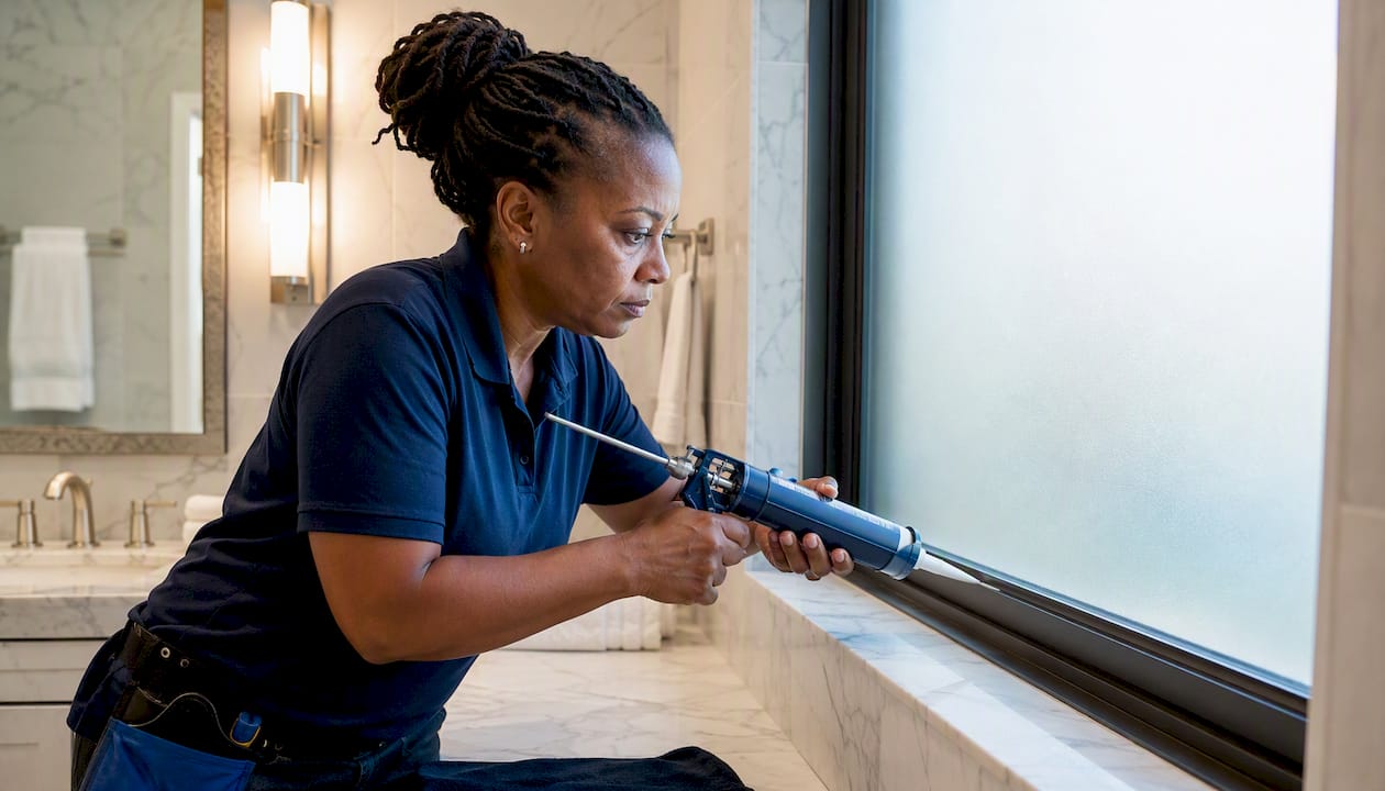 Hands sealing bathroom window privacy film edges
