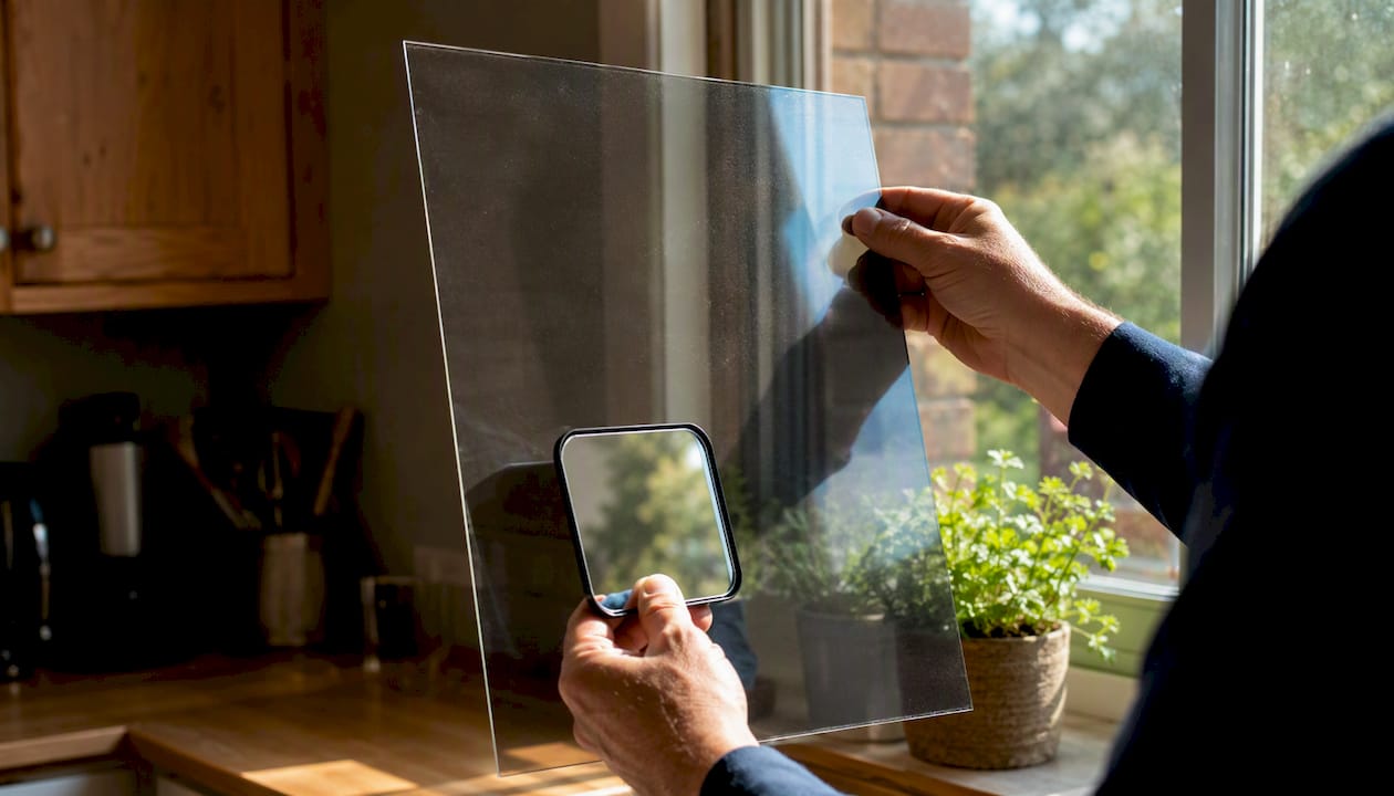 Hands demonstrating glare reduction film on window