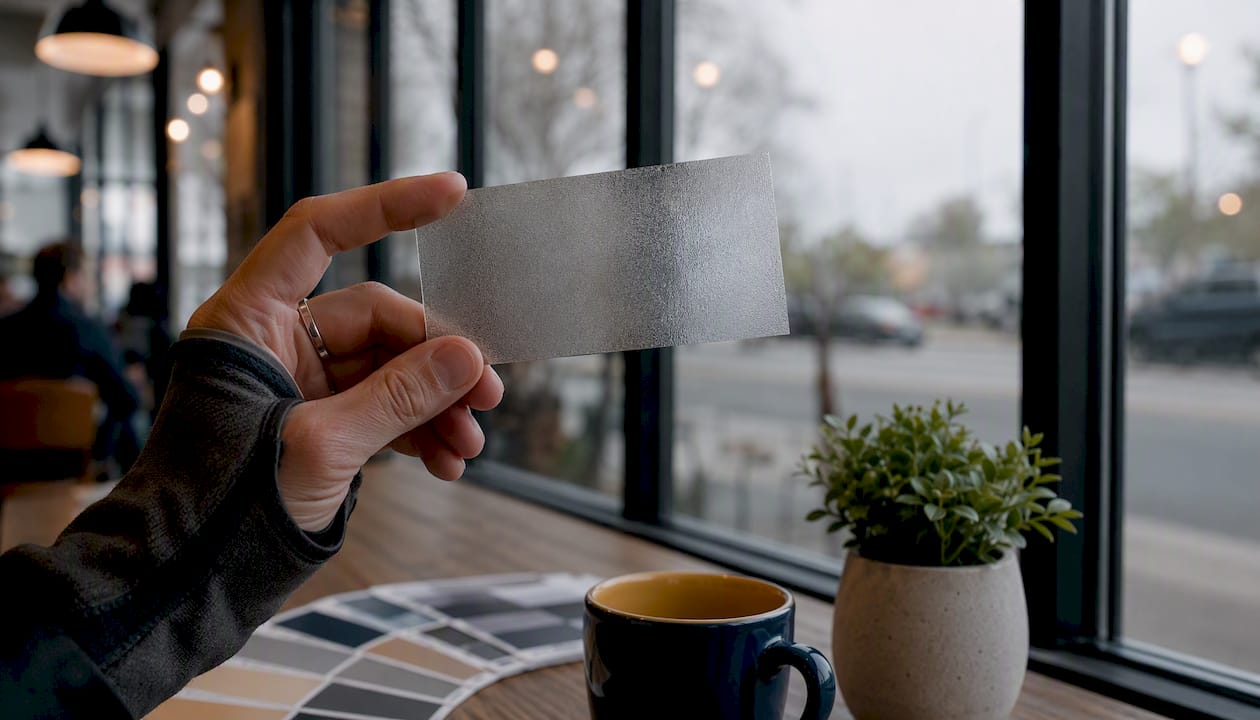 Close-up of ceramic window film sample held indoors
