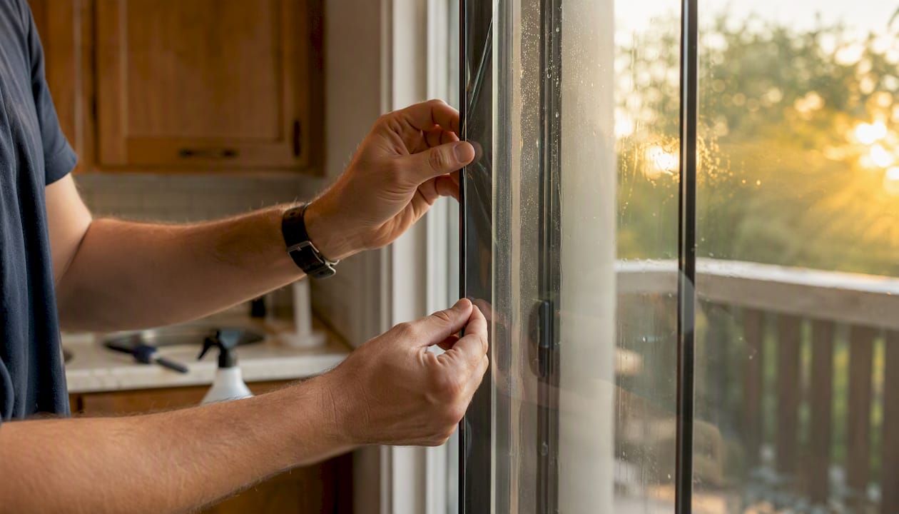 Hands peeling backing off DIY patio door window film