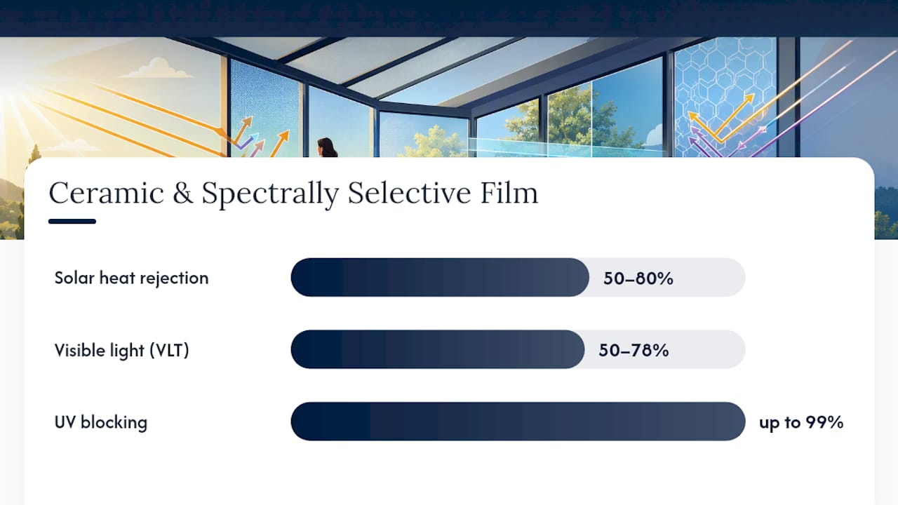 Comparison of window film heat rejection, visible light transmission, and UV blocking