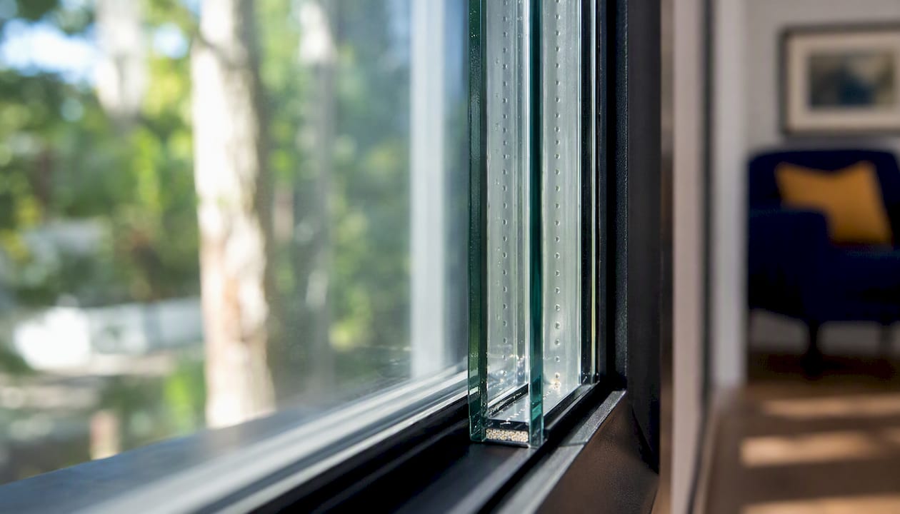 Close-up of double-pane window edge and glass coatings