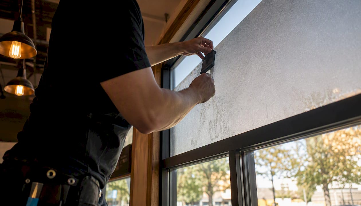 Technician smoothing window film during installation