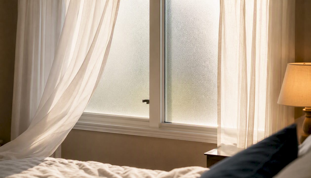 Window with frosted film layered by sheer curtains