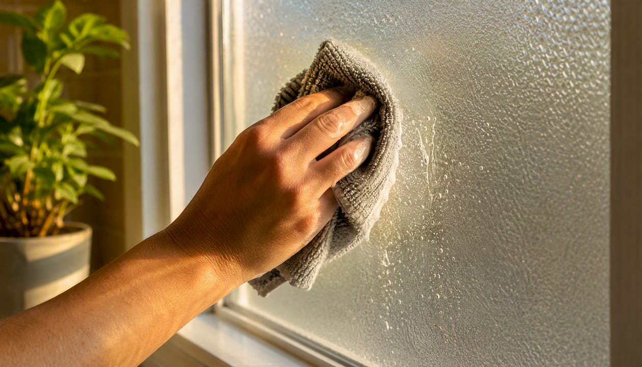 Hand cleaning frosted window film with cloth