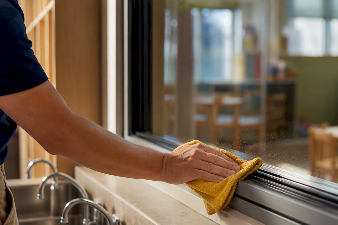 Worker wiping daycare window film