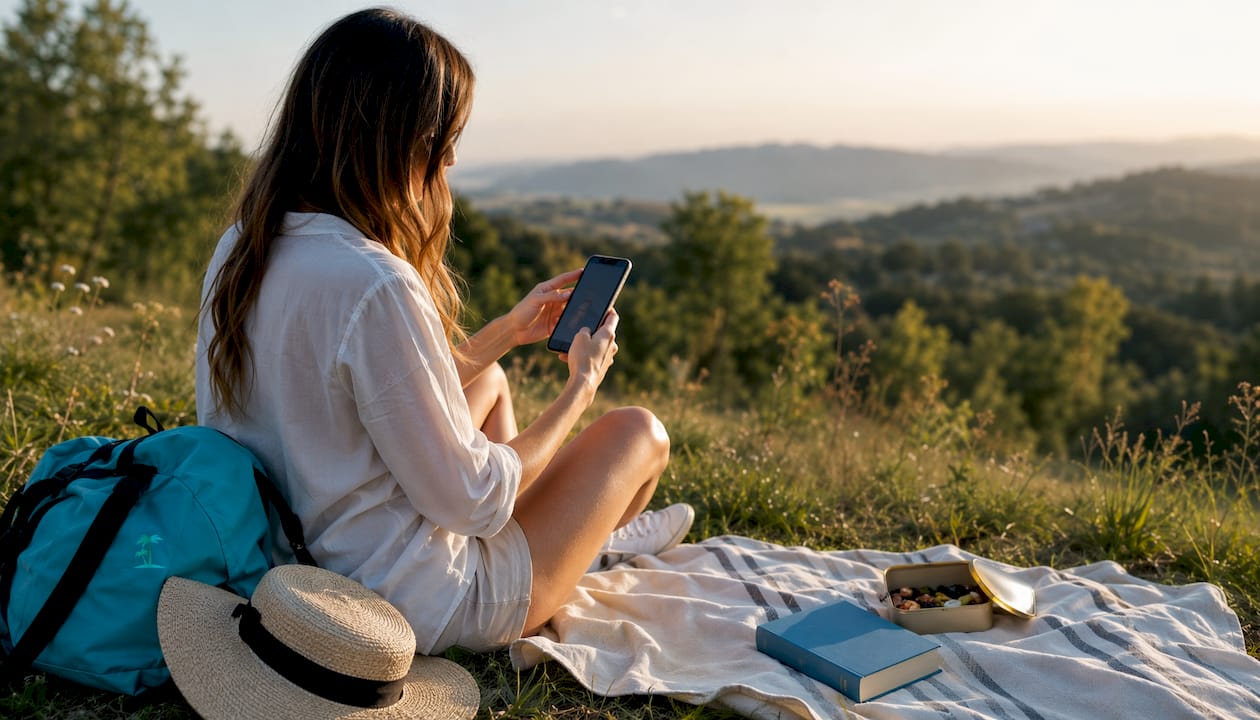 Traveler checking hotel app deals outdoors on smartphone