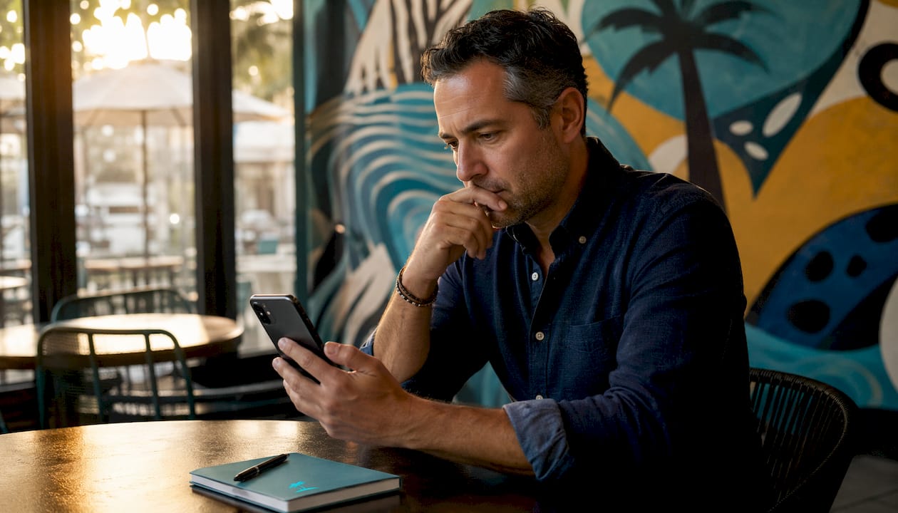 Man booking opaque hotel deal on smartphone in hotel room