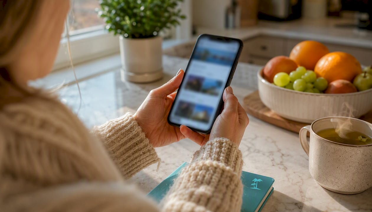 Hands scrolling hotel app on smartphone at home