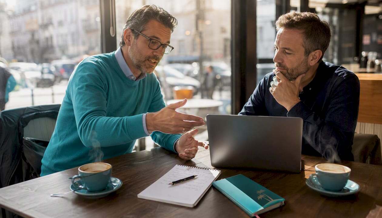 Two men discussing hotel bookings in office