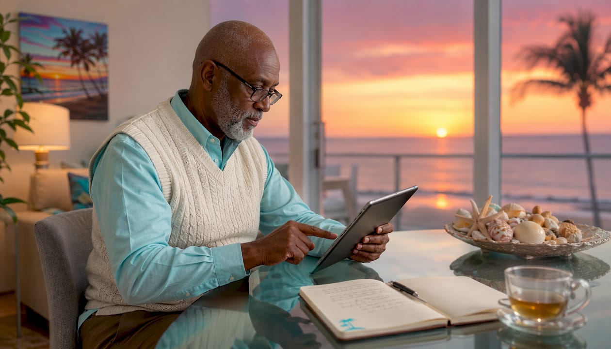 Man using hotel booking app at home