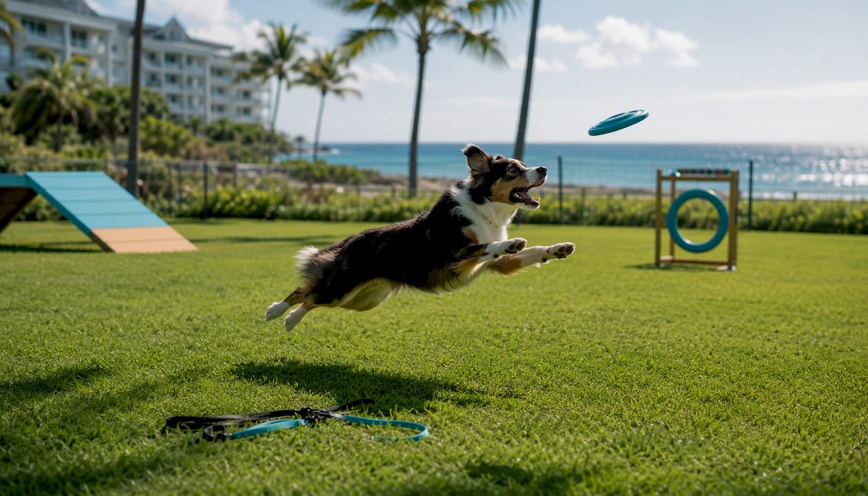 Dog playing in private hotel dog park