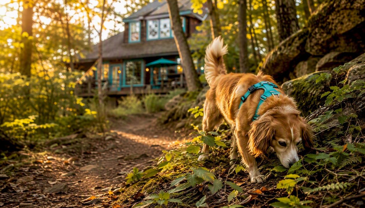 Dog exploring hiking trail near mountain lodge