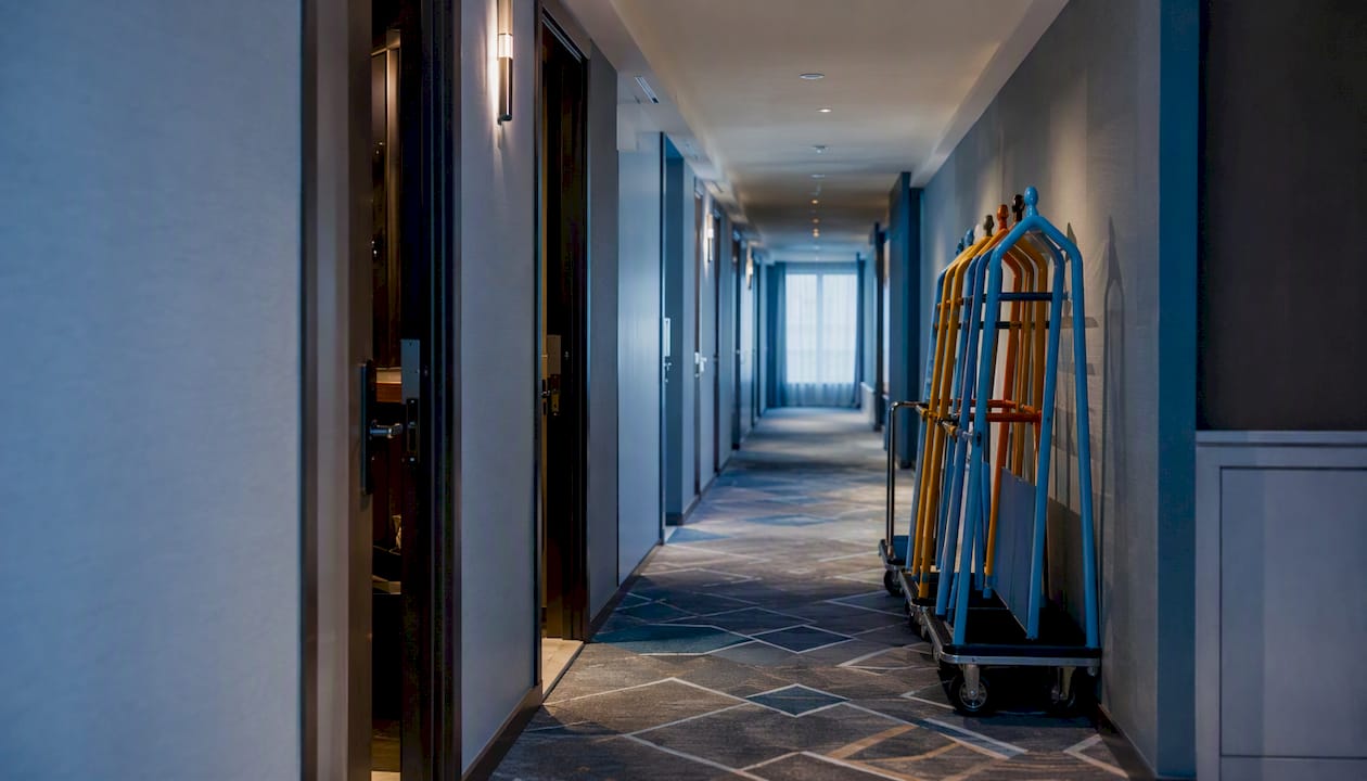 Hotel hallway with multiple guest room doors