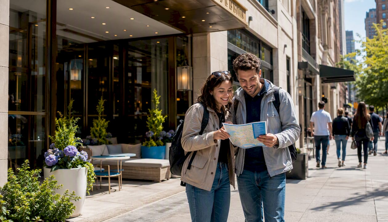 Couple walking near Chicago hotels in autumn