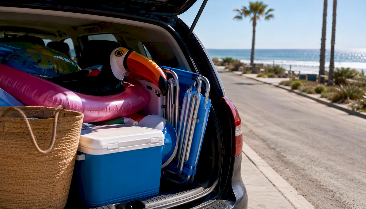 Packed car trunk with summer beach vacation gear