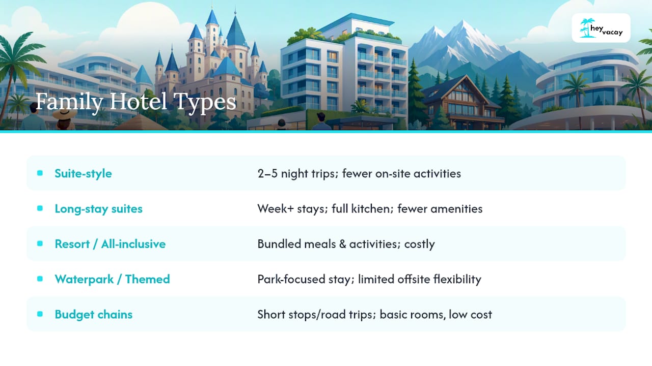 Comparison diagram of family hotel types with uses and trade-offs