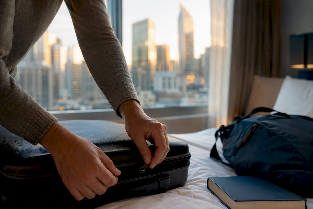 Traveler packing suitcase near city view window